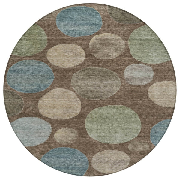 HomeRoots 5' Geometric Washable Area Rug in Chocolate Fern Green and Teal Blue for Indoor & Outdoor Spaces 8' Round 630569