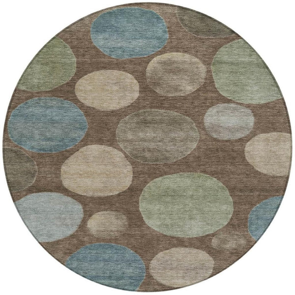 HomeRoots 5' Geometric Washable Area Rug in Chocolate Fern Green and Teal Blue for Indoor & Outdoor Spaces 8' Round 630569