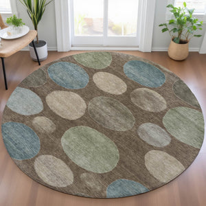 HomeRoots 5' Geometric Washable Area Rug in Chocolate Fern Green and Teal Blue for Indoor & Outdoor Spaces 8' Round 630569