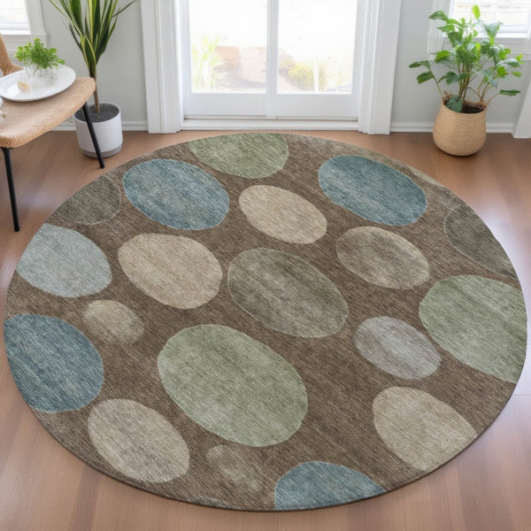 HomeRoots 5' Geometric Washable Area Rug in Chocolate Fern Green and Teal Blue for Indoor & Outdoor Spaces 8' Round 630569