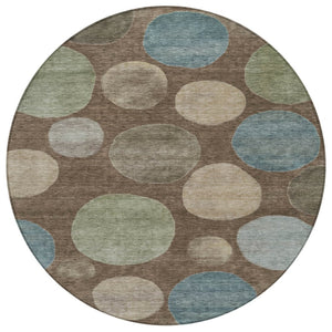 HomeRoots 5' Geometric Washable Area Rug in Chocolate Fern Green and Teal Blue for Indoor & Outdoor Spaces 8' Round 630569