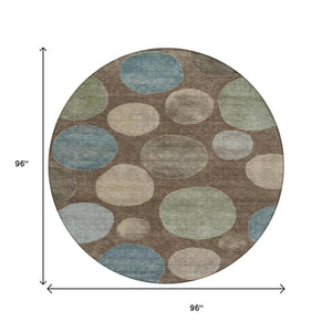HomeRoots 5' Geometric Washable Area Rug in Chocolate Fern Green and Teal Blue for Indoor & Outdoor Spaces 8' Round 630569