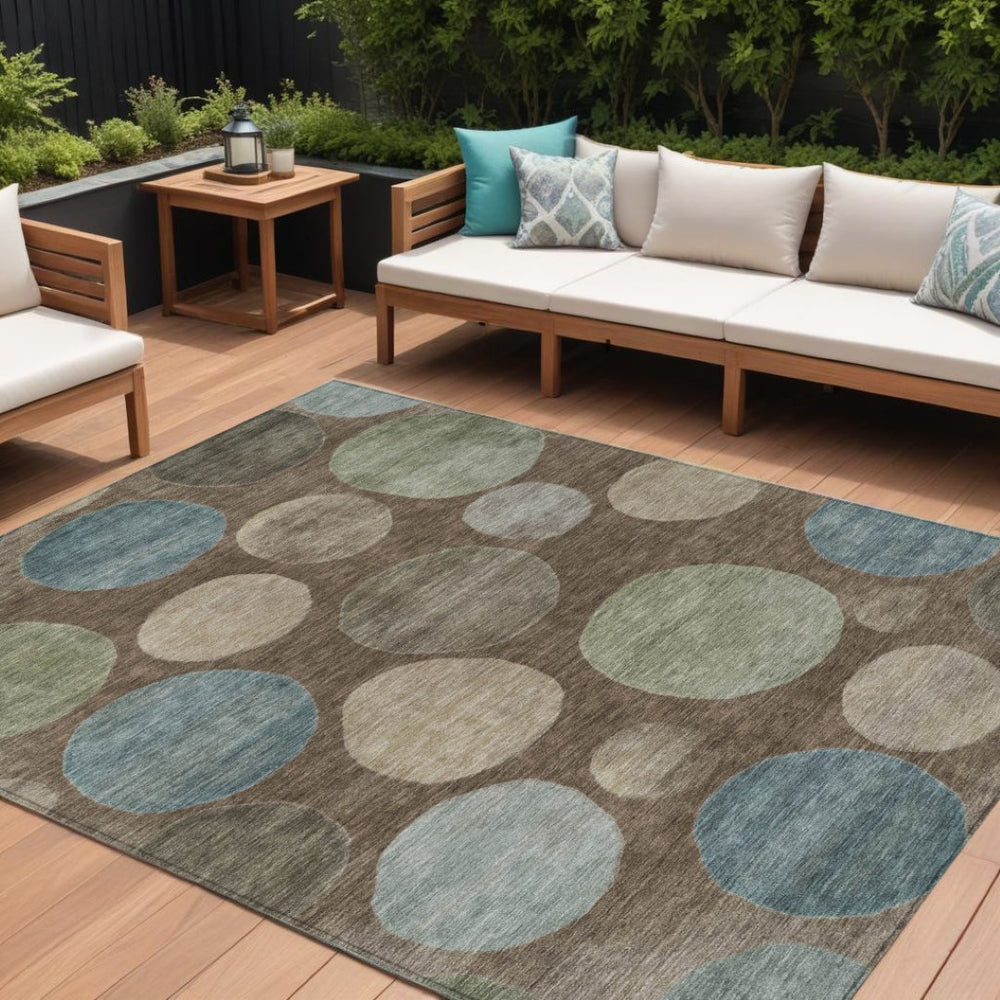 HomeRoots 5' Geometric Washable Area Rug in Chocolate Fern Green and Teal Blue for Indoor & Outdoor Spaces 9' X 12' 630571