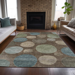 HomeRoots 5' Geometric Washable Area Rug in Chocolate Fern Green and Teal Blue for Indoor & Outdoor Spaces 9' X 12' 630571