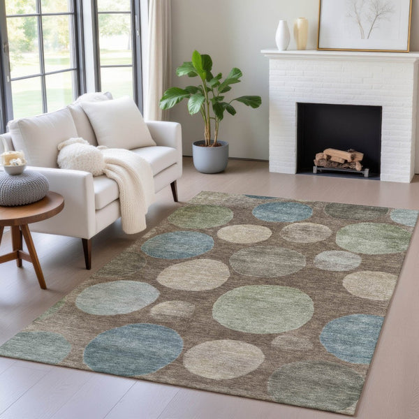 HomeRoots 5' Geometric Washable Area Rug in Chocolate Fern Green and Teal Blue for Indoor & Outdoor Spaces 10' X 14' 630572