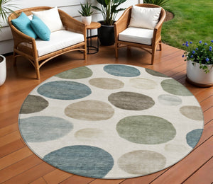 HomeRoots 5' Modern Geometric Washable Area Rug in Ivory, Fern Green & Teal - Perfect for Indoor/Outdoor Use 8' Round 630575