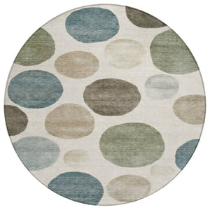 HomeRoots 5' Modern Geometric Washable Area Rug in Ivory, Fern Green & Teal - Perfect for Indoor/Outdoor Use 8' Round 630575