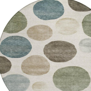HomeRoots 5' Modern Geometric Washable Area Rug in Ivory, Fern Green & Teal - Perfect for Indoor/Outdoor Use 8' Round 630575