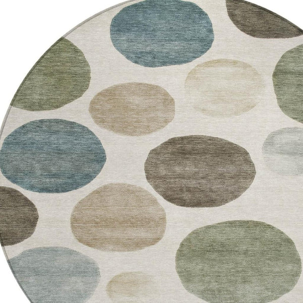 HomeRoots 5' Modern Geometric Washable Area Rug in Ivory, Fern Green & Teal - Perfect for Indoor/Outdoor Use 8' Round 630575