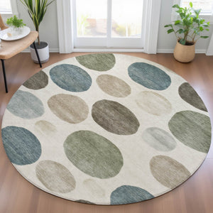 HomeRoots 5' Modern Geometric Washable Area Rug in Ivory, Fern Green & Teal - Perfect for Indoor/Outdoor Use 8' Round 630575