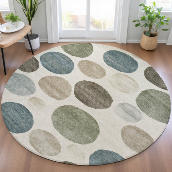 HomeRoots 5' Modern Geometric Washable Area Rug in Ivory, Fern Green & Teal - Perfect for Indoor/Outdoor Use 8' Round 630575