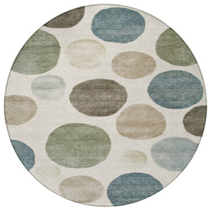 HomeRoots 5' Modern Geometric Washable Area Rug in Ivory, Fern Green & Teal - Perfect for Indoor/Outdoor Use 8' Round 630575