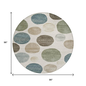 HomeRoots 5' Modern Geometric Washable Area Rug in Ivory, Fern Green & Teal - Perfect for Indoor/Outdoor Use 8' Round 630575