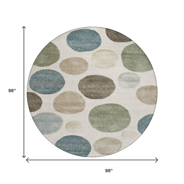 HomeRoots 5' Modern Geometric Washable Area Rug in Ivory, Fern Green & Teal - Perfect for Indoor/Outdoor Use 8' Round 630575