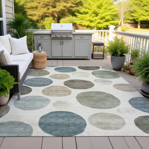 HomeRoots 5' Modern Geometric Washable Area Rug in Ivory, Fern Green & Teal - Perfect for Indoor/Outdoor Use 8' X 10' 630576
