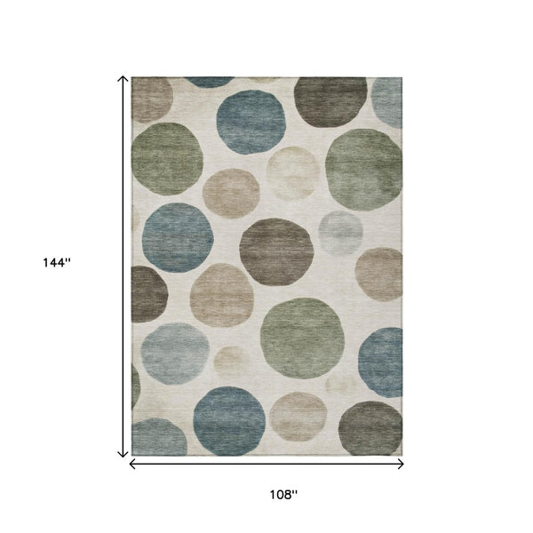 HomeRoots 5' Modern Geometric Washable Area Rug in Ivory, Fern Green & Teal - Perfect for Indoor/Outdoor Use 9' X 12' 630577