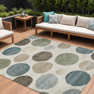 HomeRoots 5' Modern Geometric Washable Area Rug in Ivory, Fern Green & Teal - Perfect for Indoor/Outdoor Use 9' X 12' 630577