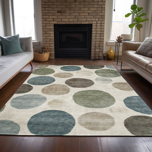 HomeRoots 5' Modern Geometric Washable Area Rug in Ivory, Fern Green & Teal - Perfect for Indoor/Outdoor Use 9' X 12' 630577