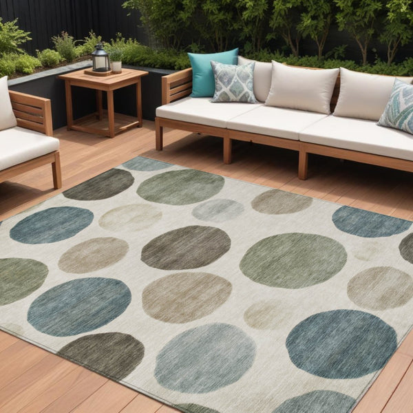 HomeRoots 5' Modern Geometric Washable Area Rug in Ivory, Fern Green & Teal - Perfect for Indoor/Outdoor Use 10' X 14' 630578
