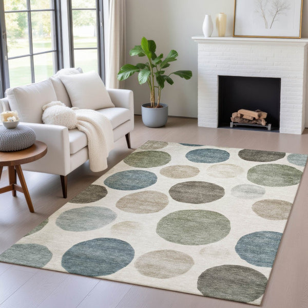 HomeRoots 5' Modern Geometric Washable Area Rug in Ivory, Fern Green & Teal - Perfect for Indoor/Outdoor Use 10' X 14' 630578