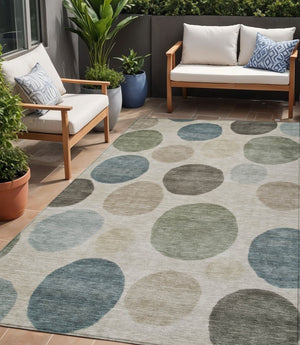 HomeRoots 5' Stylish Geometric Area Rug in Khaki, Fern Green & Teal for Indoor & Outdoor Spaces, Washable 5' X 8' 630580