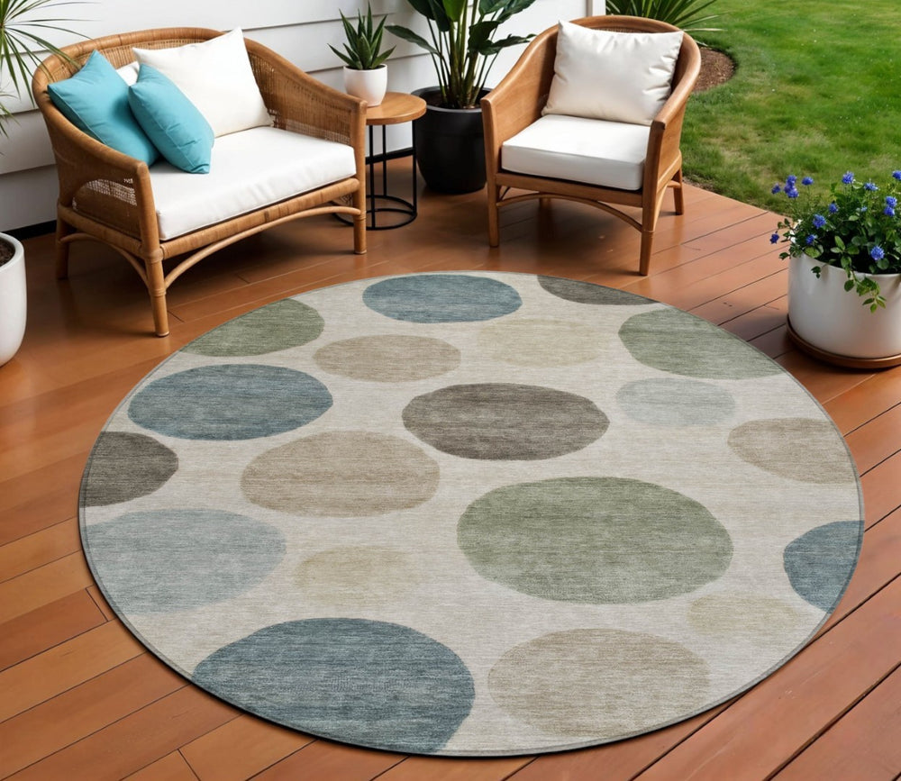 HomeRoots 5' Stylish Geometric Area Rug in Khaki, Fern Green & Teal for Indoor & Outdoor Spaces, Washable 8' Round 630581