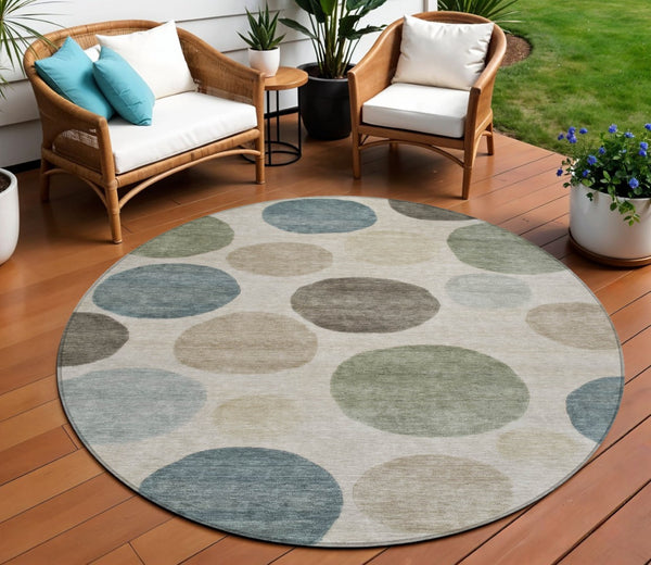 HomeRoots 5' Stylish Geometric Area Rug in Khaki, Fern Green & Teal for Indoor & Outdoor Spaces, Washable 8' Round 630581