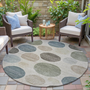 HomeRoots 5' Stylish Geometric Area Rug in Khaki, Fern Green & Teal for Indoor & Outdoor Spaces, Washable 8' Round 630581