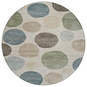 HomeRoots 5' Stylish Geometric Area Rug in Khaki, Fern Green & Teal for Indoor & Outdoor Spaces, Washable 8' Round 630581