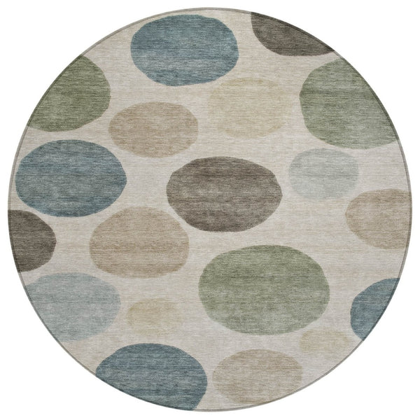 HomeRoots 5' Stylish Geometric Area Rug in Khaki, Fern Green & Teal for Indoor & Outdoor Spaces, Washable 8' Round 630581