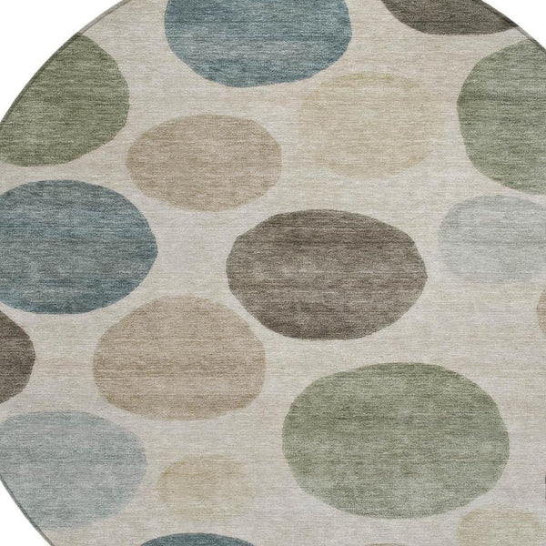 HomeRoots 5' Stylish Geometric Area Rug in Khaki, Fern Green & Teal for Indoor & Outdoor Spaces, Washable 8' Round 630581