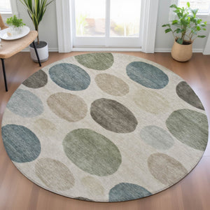 HomeRoots 5' Stylish Geometric Area Rug in Khaki, Fern Green & Teal for Indoor & Outdoor Spaces, Washable 8' Round 630581