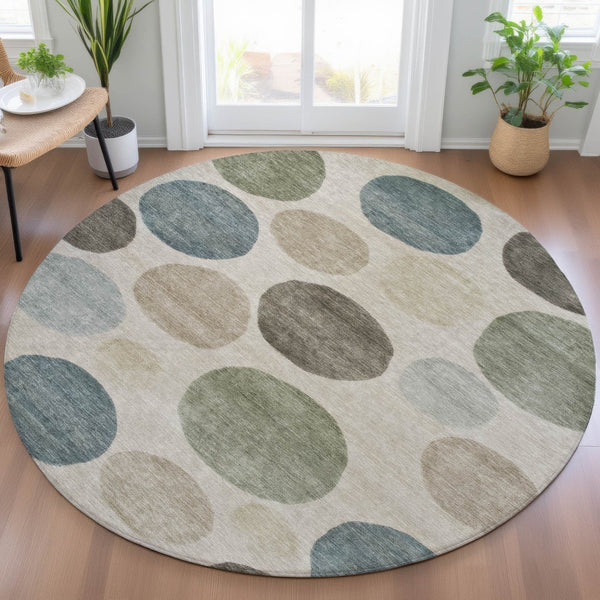 HomeRoots 5' Stylish Geometric Area Rug in Khaki, Fern Green & Teal for Indoor & Outdoor Spaces, Washable 8' Round 630581