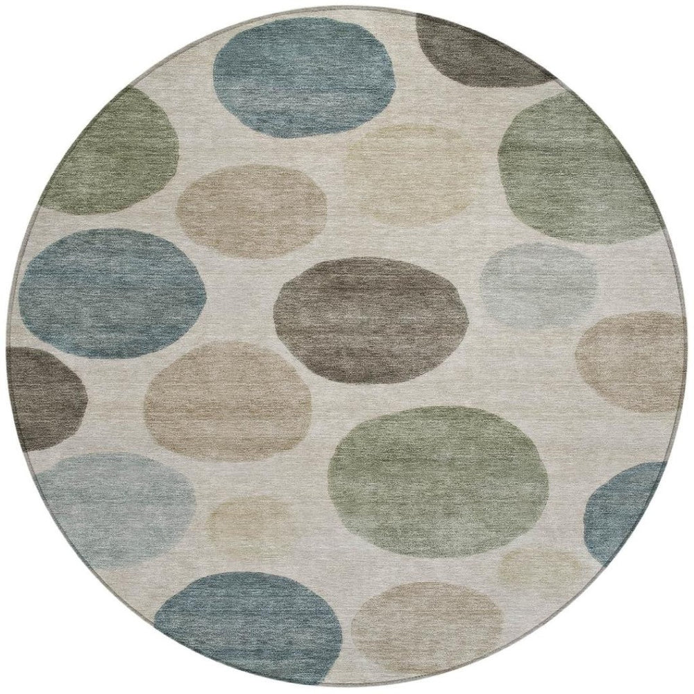 HomeRoots 5' Stylish Geometric Area Rug in Khaki, Fern Green & Teal for Indoor & Outdoor Spaces, Washable 8' Round 630581