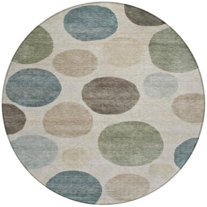 HomeRoots 5' Stylish Geometric Area Rug in Khaki, Fern Green & Teal for Indoor & Outdoor Spaces, Washable 8' Round 630581
