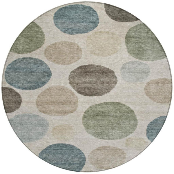 HomeRoots 5' Stylish Geometric Area Rug in Khaki, Fern Green & Teal for Indoor & Outdoor Spaces, Washable 8' Round 630581