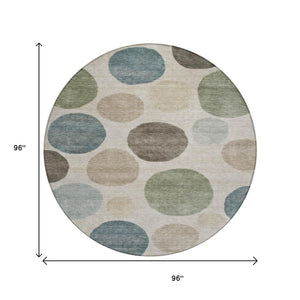 HomeRoots 5' Stylish Geometric Area Rug in Khaki, Fern Green & Teal for Indoor & Outdoor Spaces, Washable 8' Round 630581