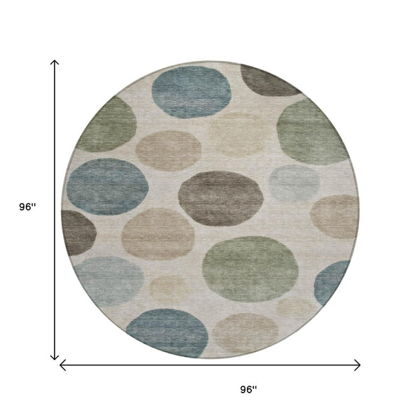HomeRoots 5' Stylish Geometric Area Rug in Khaki, Fern Green & Teal for Indoor & Outdoor Spaces, Washable 8' Round 630581