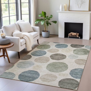HomeRoots 5' Stylish Geometric Area Rug in Khaki, Fern Green & Teal for Indoor & Outdoor Spaces, Washable 9' X 12' 630583