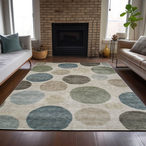 HomeRoots 5' Stylish Geometric Area Rug in Khaki, Fern Green & Teal for Indoor & Outdoor Spaces, Washable 9' X 12' 630583