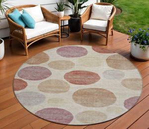 HomeRoots 5' Salmon Ivory and Mauve Geometric Washable Rug - Stylish Indoor Outdoor Accent for Any Space 8' Round 630587