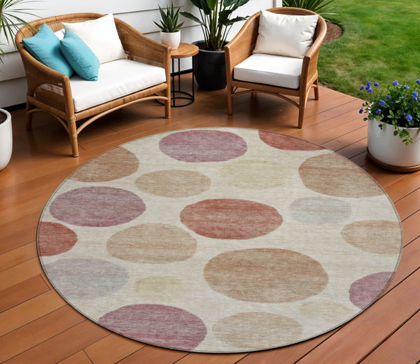HomeRoots 5' Salmon Ivory and Mauve Geometric Washable Rug - Stylish Indoor Outdoor Accent for Any Space 8' Round 630587
