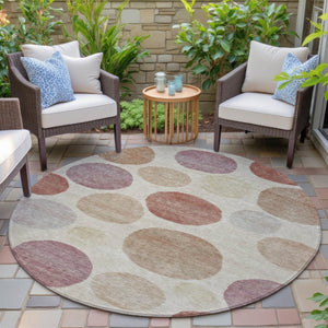 HomeRoots 5' Salmon Ivory and Mauve Geometric Washable Rug - Stylish Indoor Outdoor Accent for Any Space 8' Round 630587
