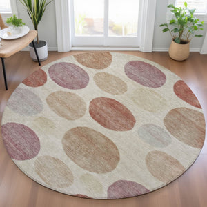 HomeRoots 5' Salmon Ivory and Mauve Geometric Washable Rug - Stylish Indoor Outdoor Accent for Any Space 8' Round 630587