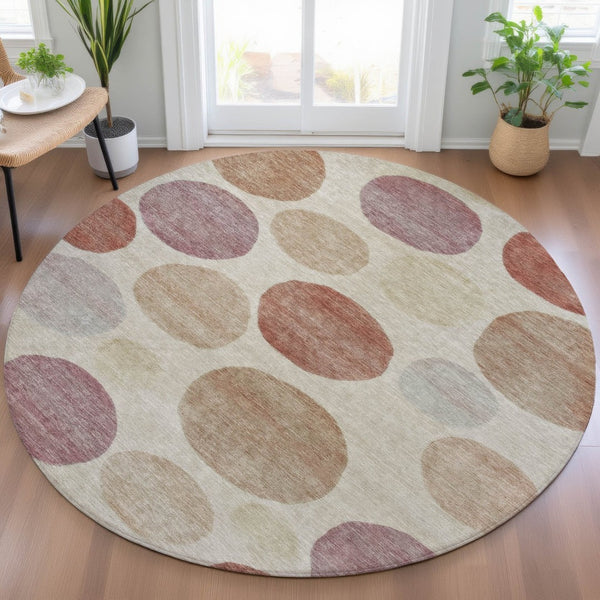 HomeRoots 5' Salmon Ivory and Mauve Geometric Washable Rug - Stylish Indoor Outdoor Accent for Any Space 8' Round 630587