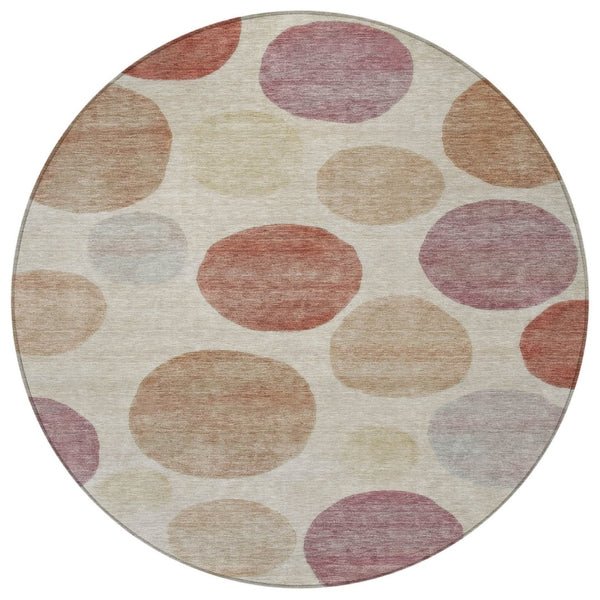 HomeRoots 5' Salmon Ivory and Mauve Geometric Washable Rug - Stylish Indoor Outdoor Accent for Any Space 8' Round 630587