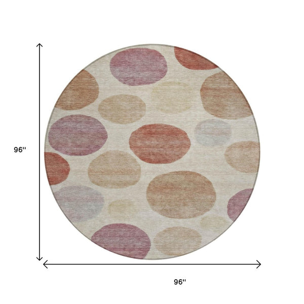 HomeRoots 5' Salmon Ivory and Mauve Geometric Washable Rug - Stylish Indoor Outdoor Accent for Any Space 8' Round 630587