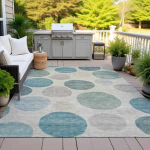 HomeRoots 5' Modern Geometric Area Rug in Teal Blue, Ivory, and Pale Aqua – Washable Indoor/Outdoor Design 5' X 8' 630592