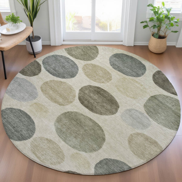 HomeRoots 5' Stylish Taupe Beige and Ivory Geometric Area Rug - Durable, Washable for Indoor and Outdoor Use 8' Round 630599
