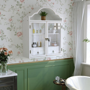 English Elm Vintage Solid Wood Wall Cabinet Wave Crown Distressed White Farmhouse Storage Display W757P383536